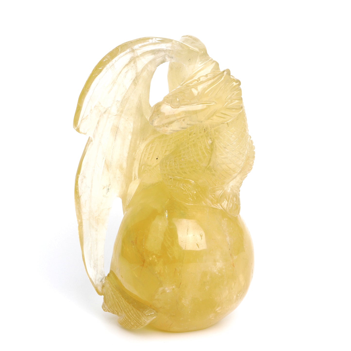 8" Citrine Carved Crystal Dragon Sphere Figurine Realistic Healing