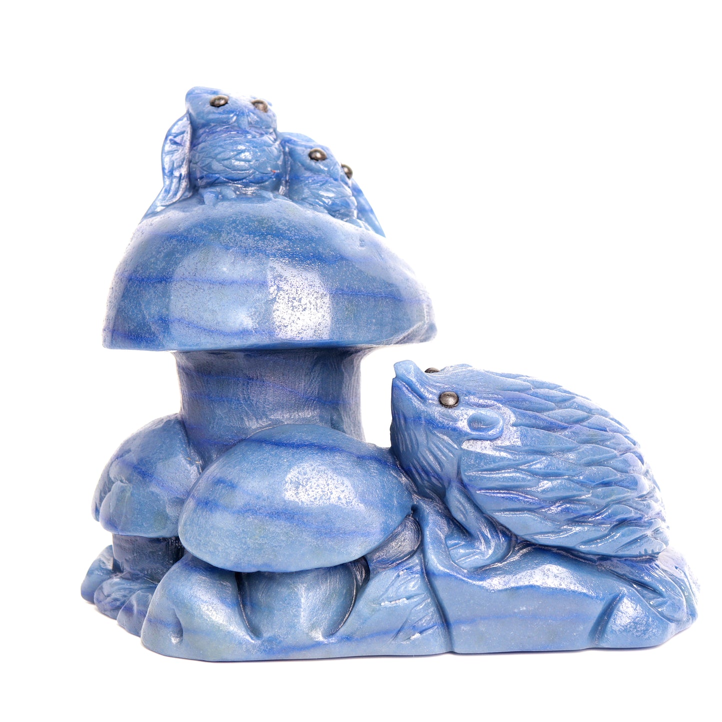 6" Blue Aventurine Carved Crystal Hedgehog Mushroom Sculpture Healing Quartz