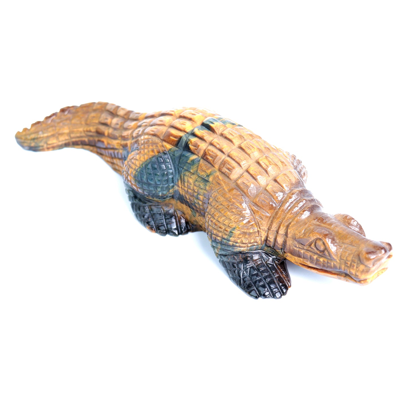 8.5" Tigers Eyes Stone Carved Crystal alligator crocodile Figurine