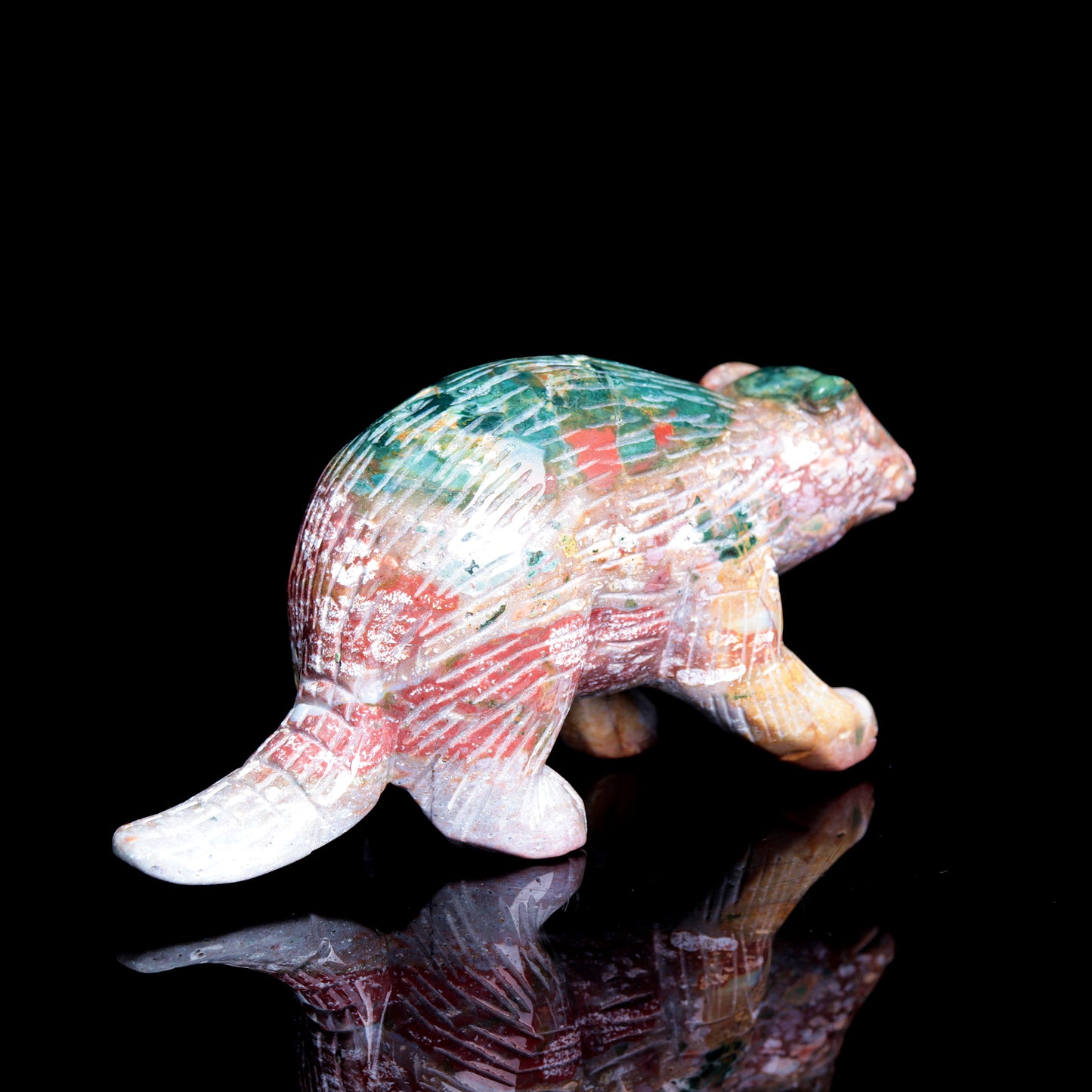 7" Ocean Jasper Carved Crystal Beaver Sculpture Realistic Healing