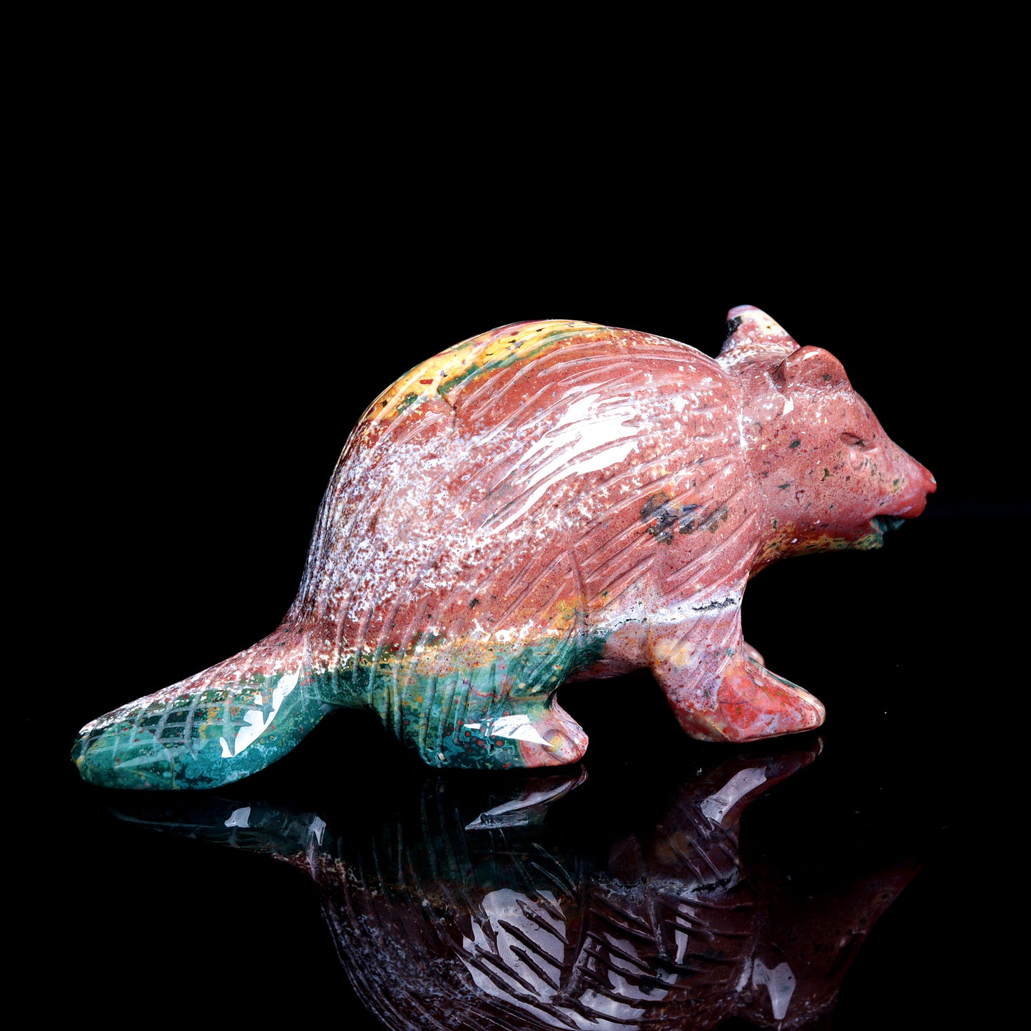 6" Ocean Jasper Carved Crystal Beaver Figurine Realistic Healing