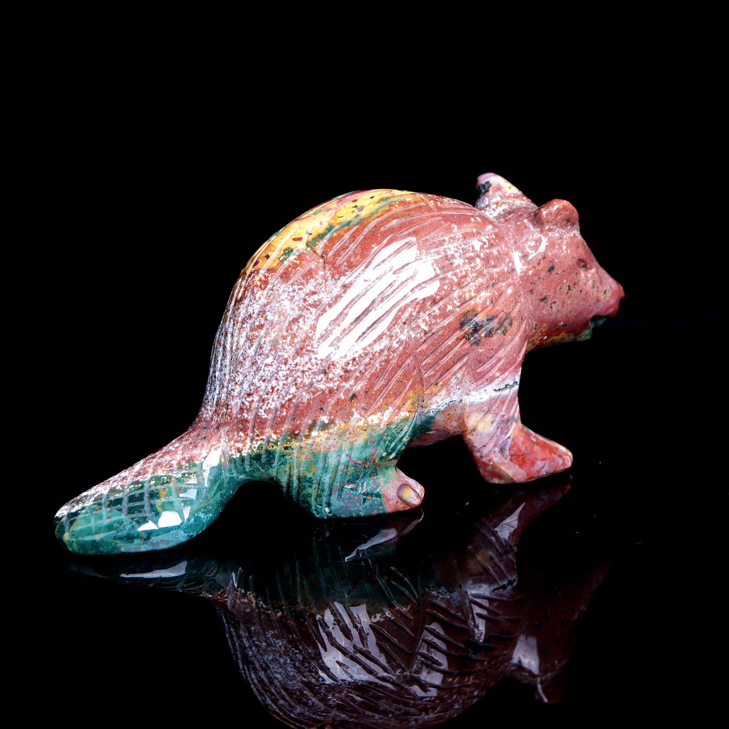 6" Ocean Jasper Carved Crystal Beaver Figurine Realistic Healing