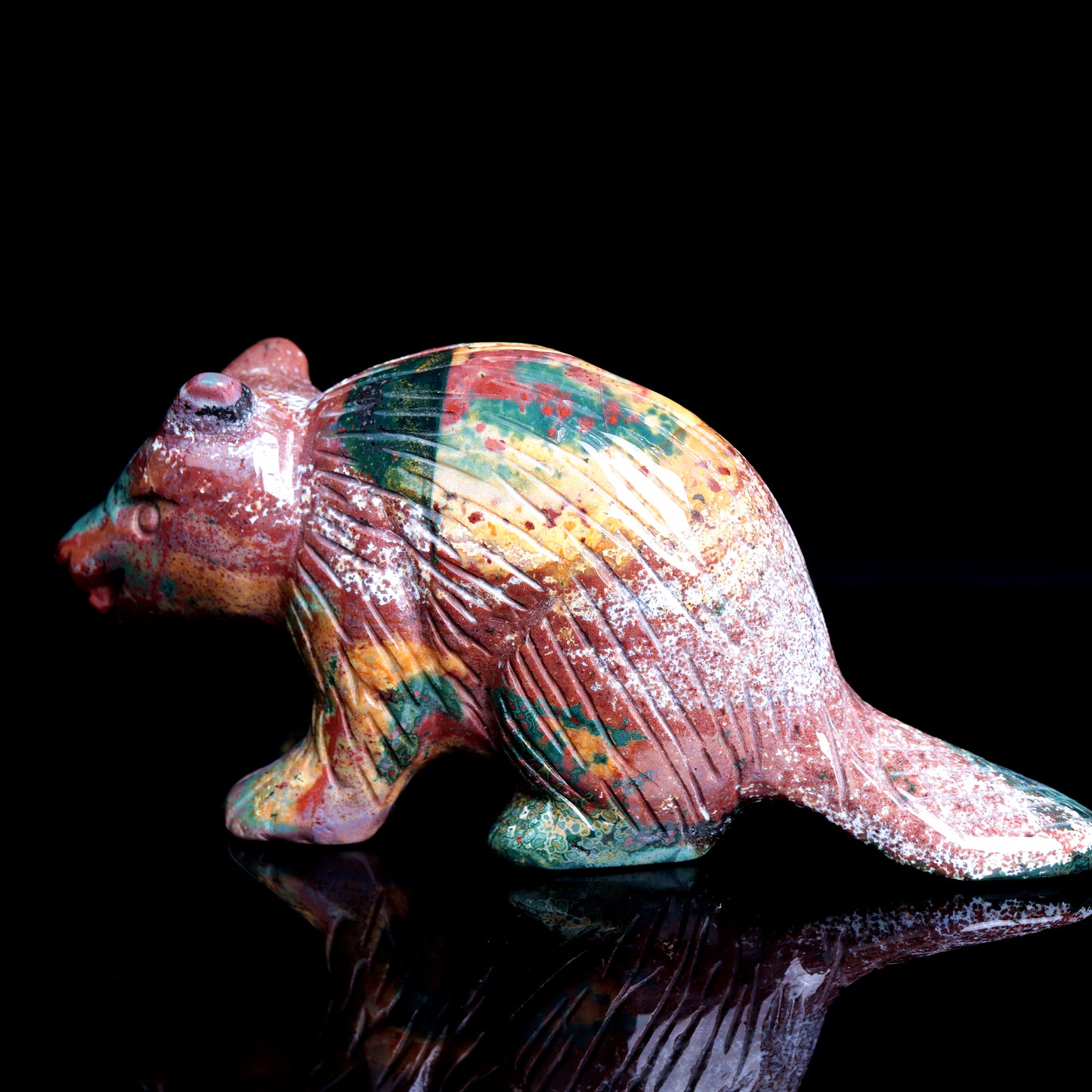 6" Ocean Jasper Carved Crystal Beaver Figurine Realistic Healing