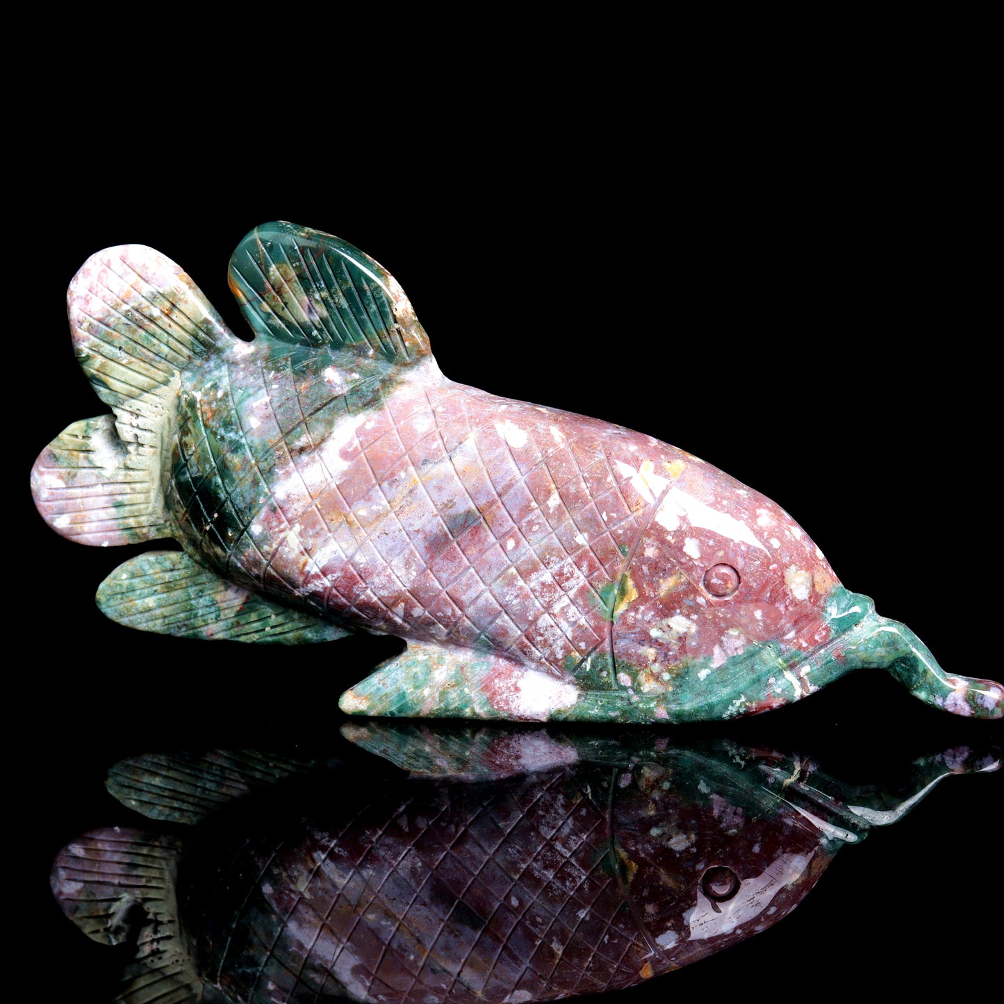 8" Ocean Jasper Carved Crystal Fish Figurine Healing
