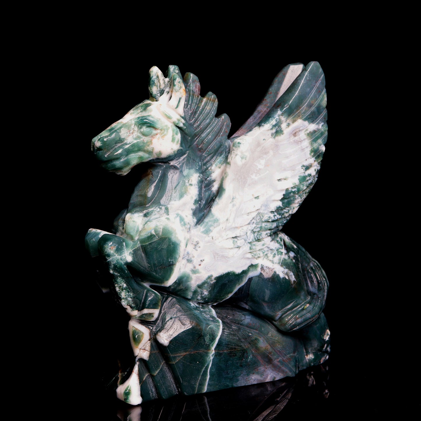 6" Moss Agate Carved Crystal Unicorn Pegasus Figurine Realistic Healing