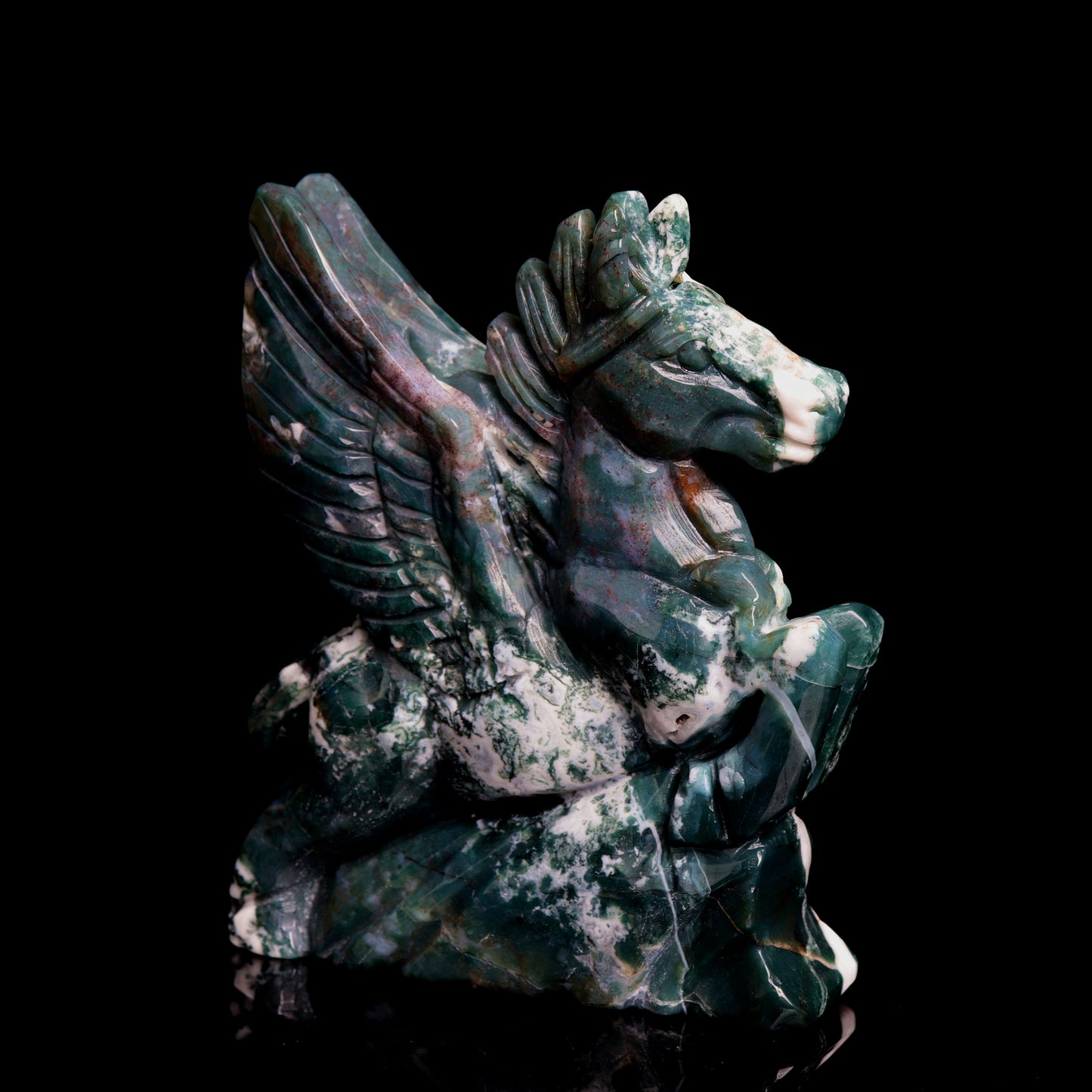 6" Moss Agate Carved Crystal Unicorn Pegasus Figurine Realistic Healing