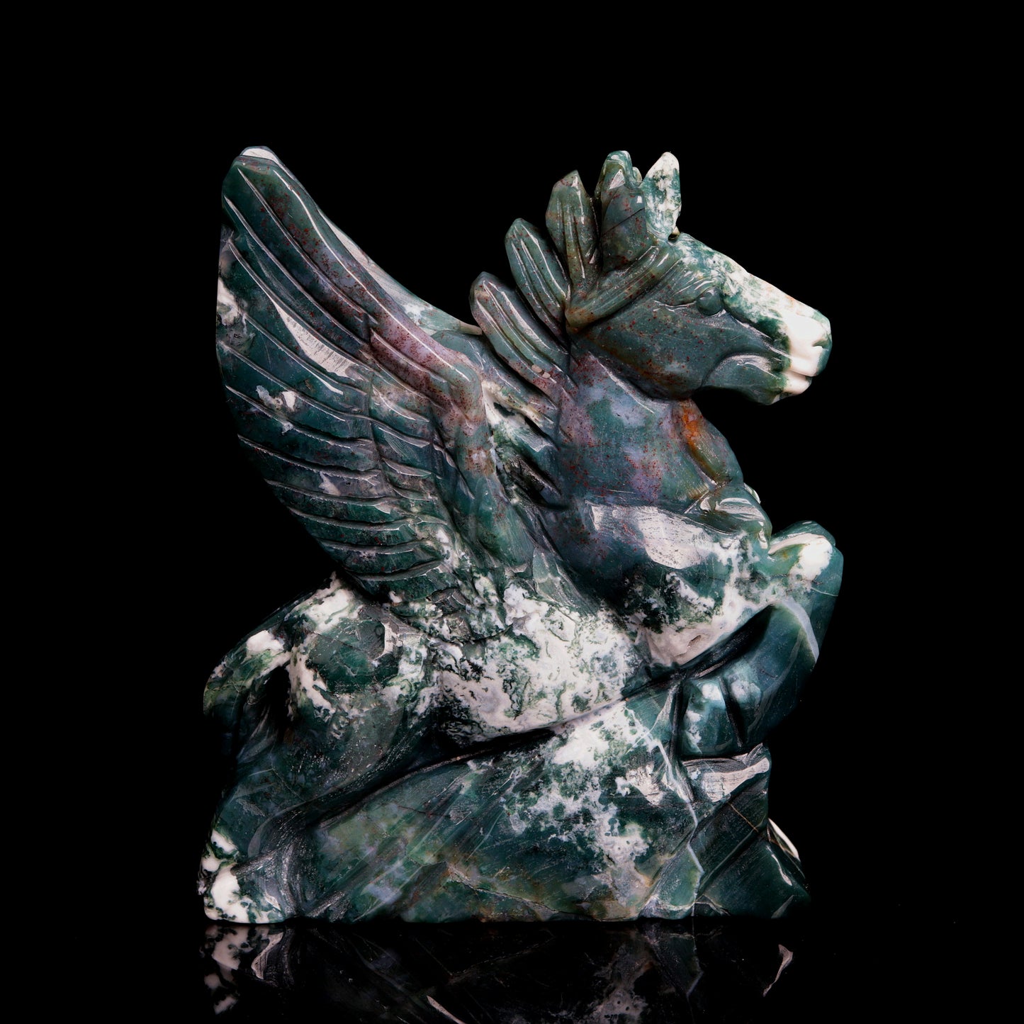 6" Moss Agate Carved Crystal Unicorn Pegasus Figurine Realistic Healing