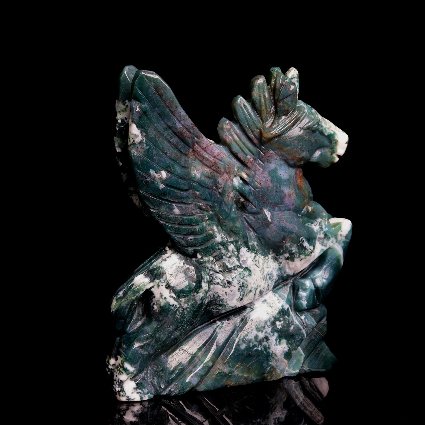 6" Moss Agate Carved Crystal Unicorn Pegasus Figurine Realistic Healing