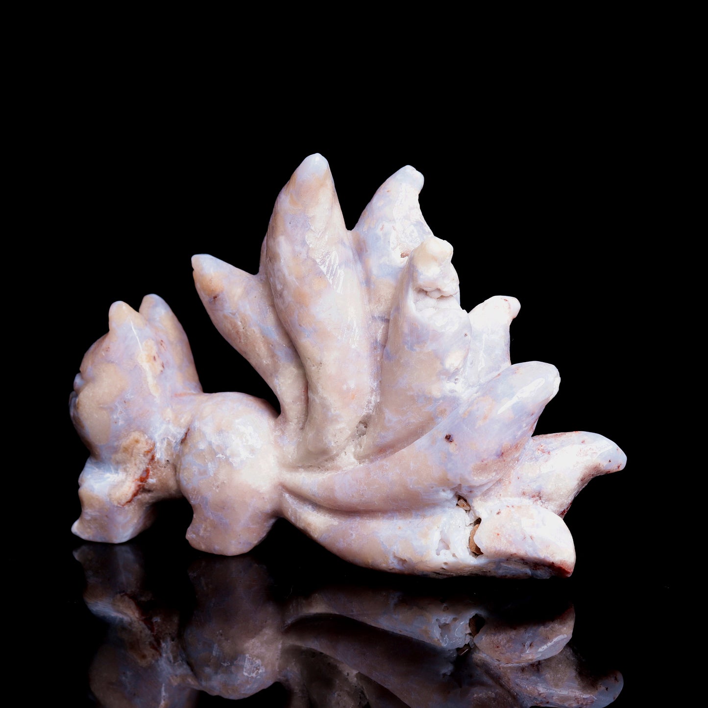 4" Blue Flower Agate Carved Crystal Nine Tail Fox Figurine Healing Quartz