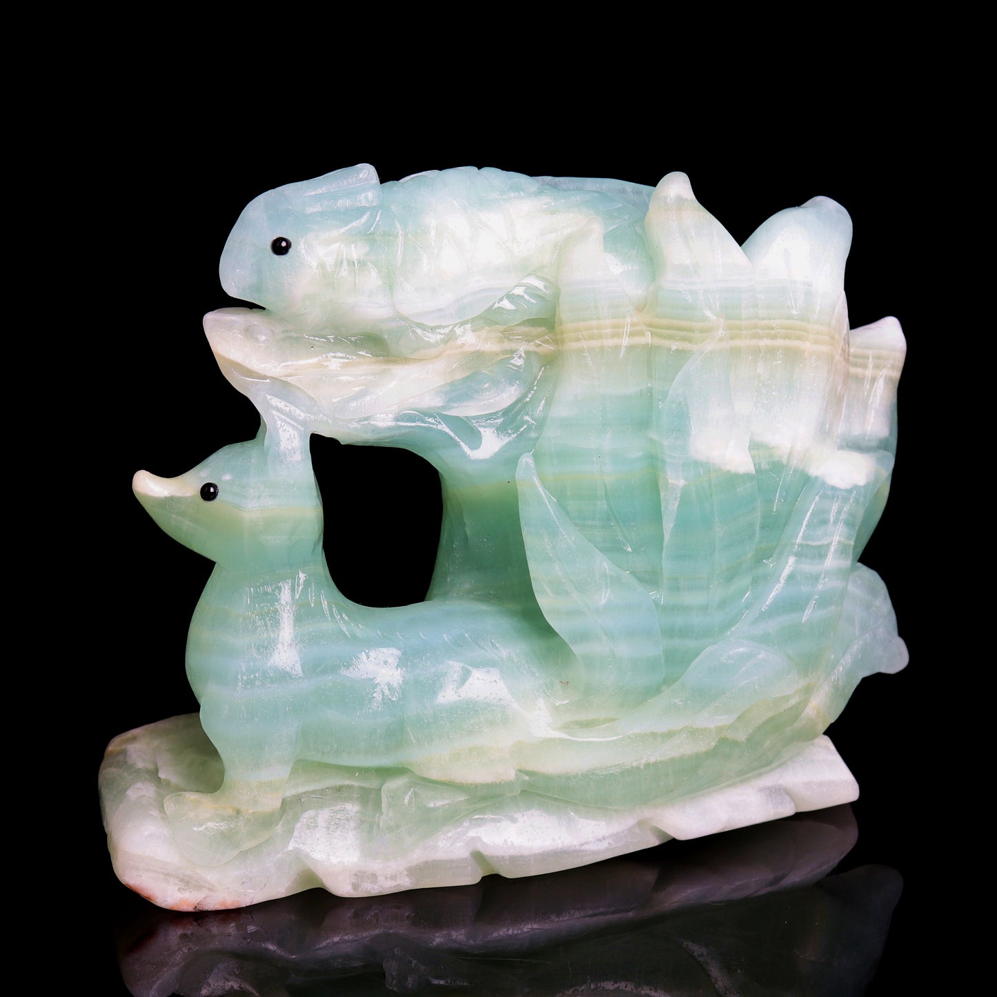 6" Green Caribbean Calcite Carved Crystal Nine Tail Fox Sculpture Healing Quartz