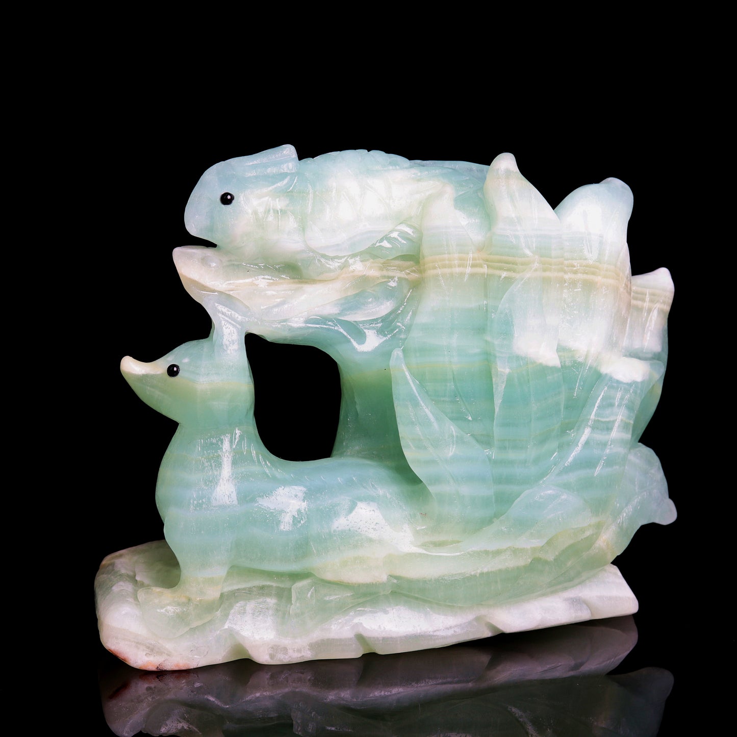 6" Green Caribbean Calcite Carved Crystal Nine Tail Fox Sculpture Healing Quartz