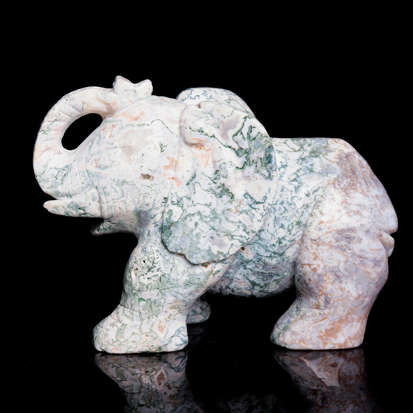 5.5" Moss Agate Carved Elephant Figurine Realistic Crystal Healing Quartz Decor
