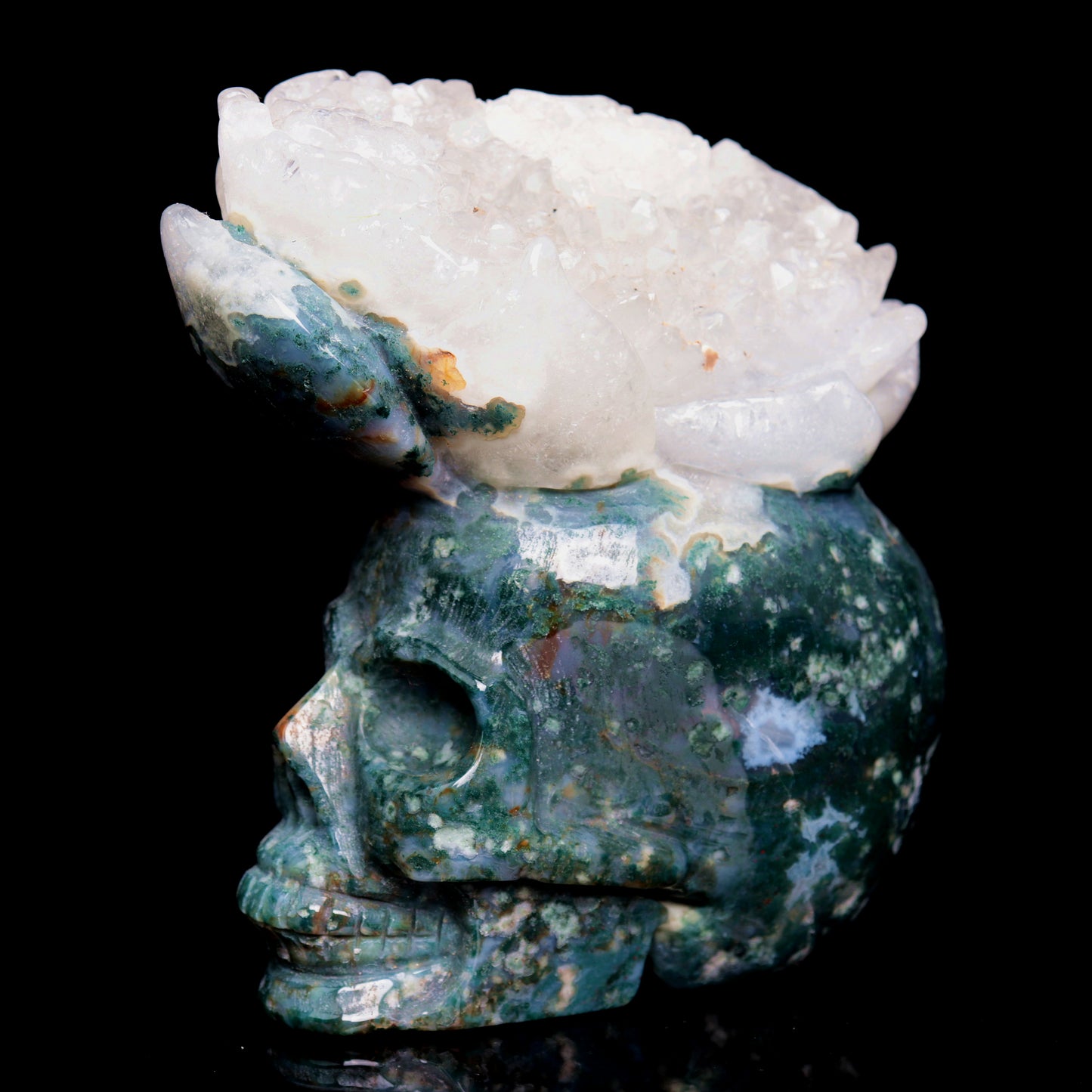 4.5" Moss Agate Crystal Skull Cluster Figurine Quartz Healing Decor Gift