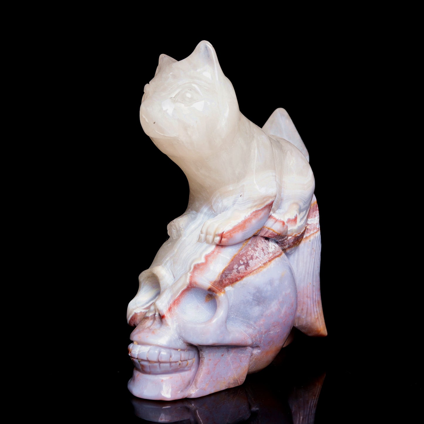 4.5" Ocean Jasper Crystal Skull With Cat Figurine Quartz Healing Decor Gift