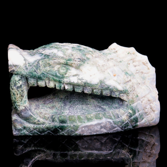 4" Moss Agate Crystal Snake Head Figurine Realistic Crystal Healing Quartz Decor