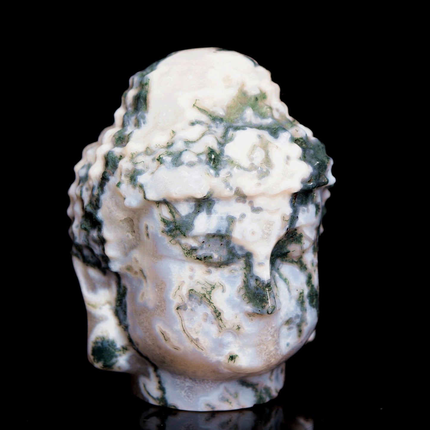 3" Moss Agate Crystal Buddha head Figurine Realistic Crystal Healing Quartz Decor
