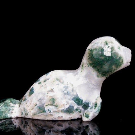 4" Moss Agate Crystal Seal Figurine Realistic Crystal Healing Quartz Decor