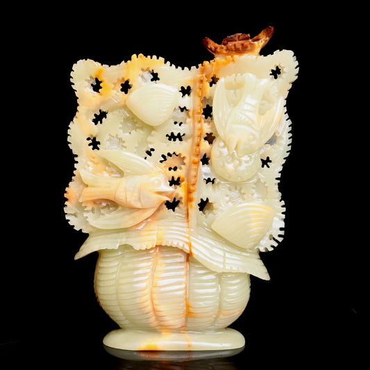 9.5" Afghan Jade Crystal Fish Sea World Sculpture Healing Quartz Decor Gift