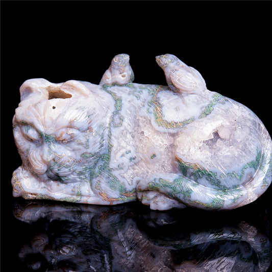 7" Moss Agate Crystal Cat Figurine Healing Quartz Animal Decor