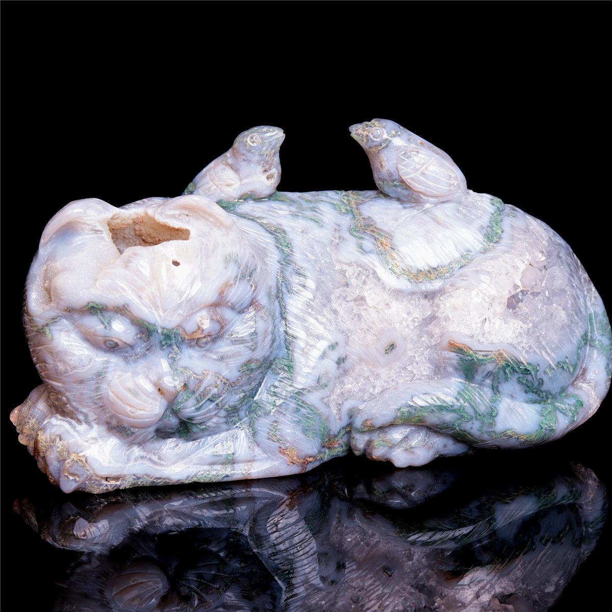 7" Moss Agate Crystal Cat Figurine Healing Quartz Animal Decor