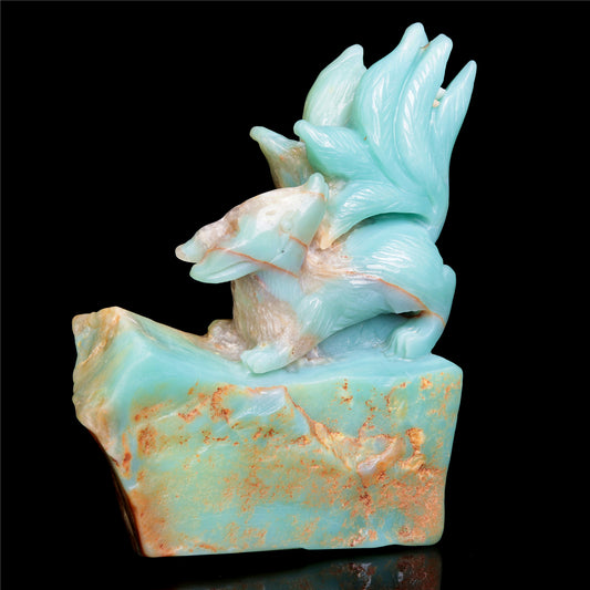 6" Amazonite Crystal Nine Tail Fox Figurine Stone Animal Carvings Decor