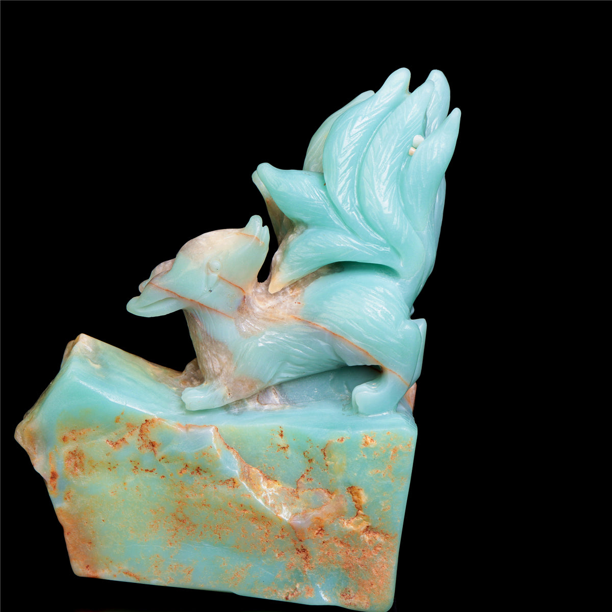 6" Amazonite Crystal Nine Tail Fox Figurine Stone Animal Carvings Decor