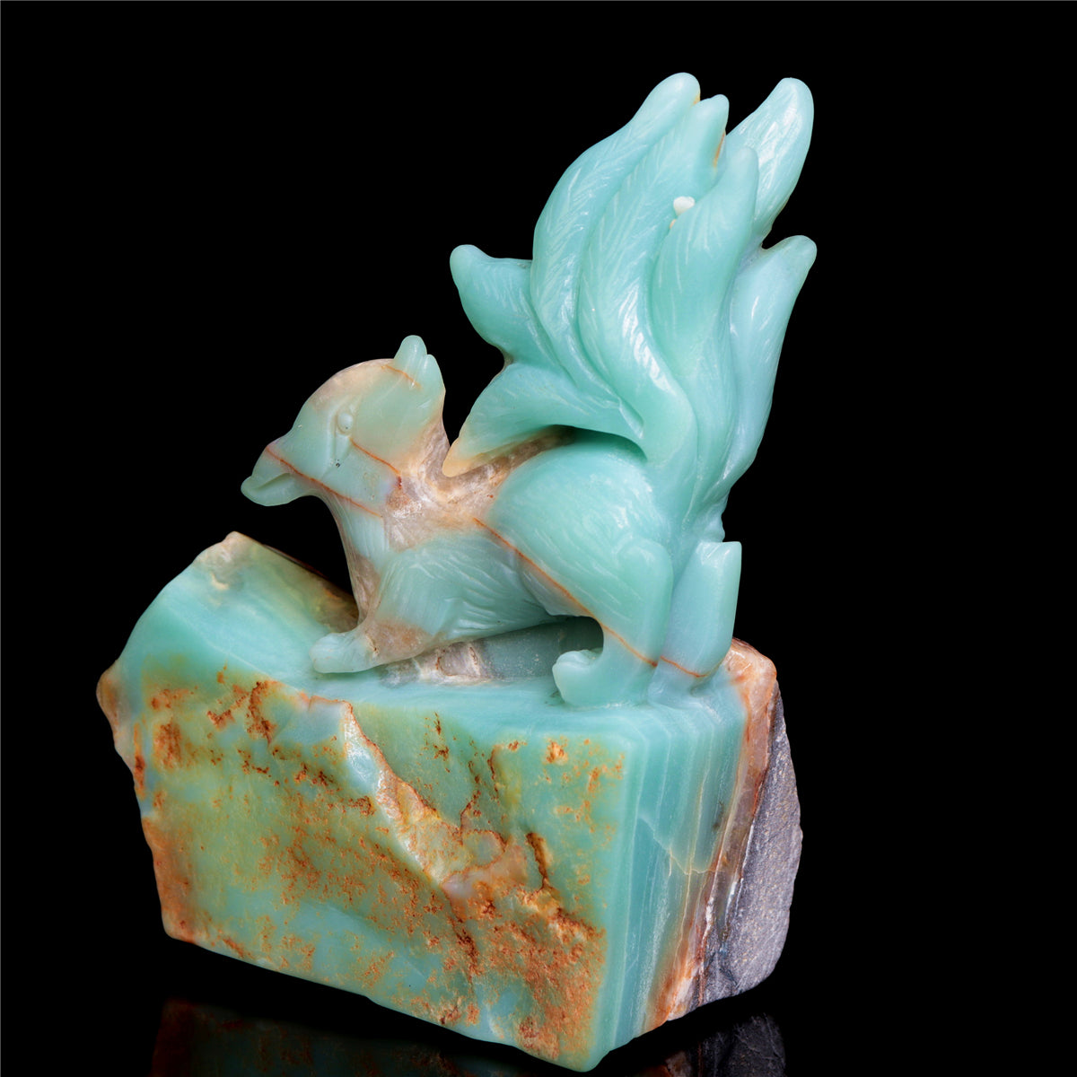 6" Amazonite Crystal Nine Tail Fox Figurine Stone Animal Carvings Decor