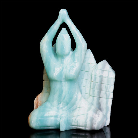 7" Amazonite Crystal Yoga Lady Figurine Stone Animal Carvings Decor
