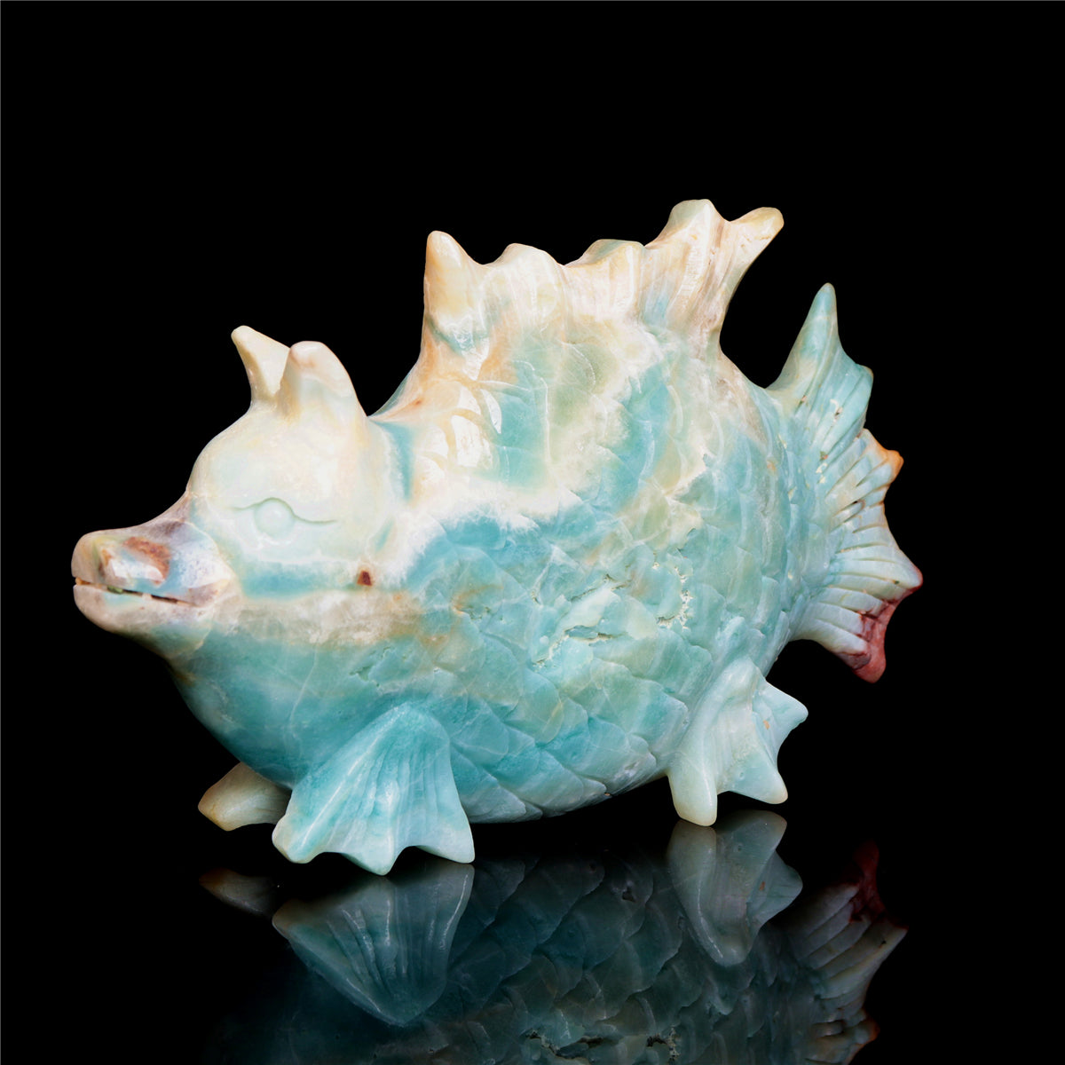 7" Amazonite Crystal Fish Pig Figurine Quartz Animal Carvings Decor
