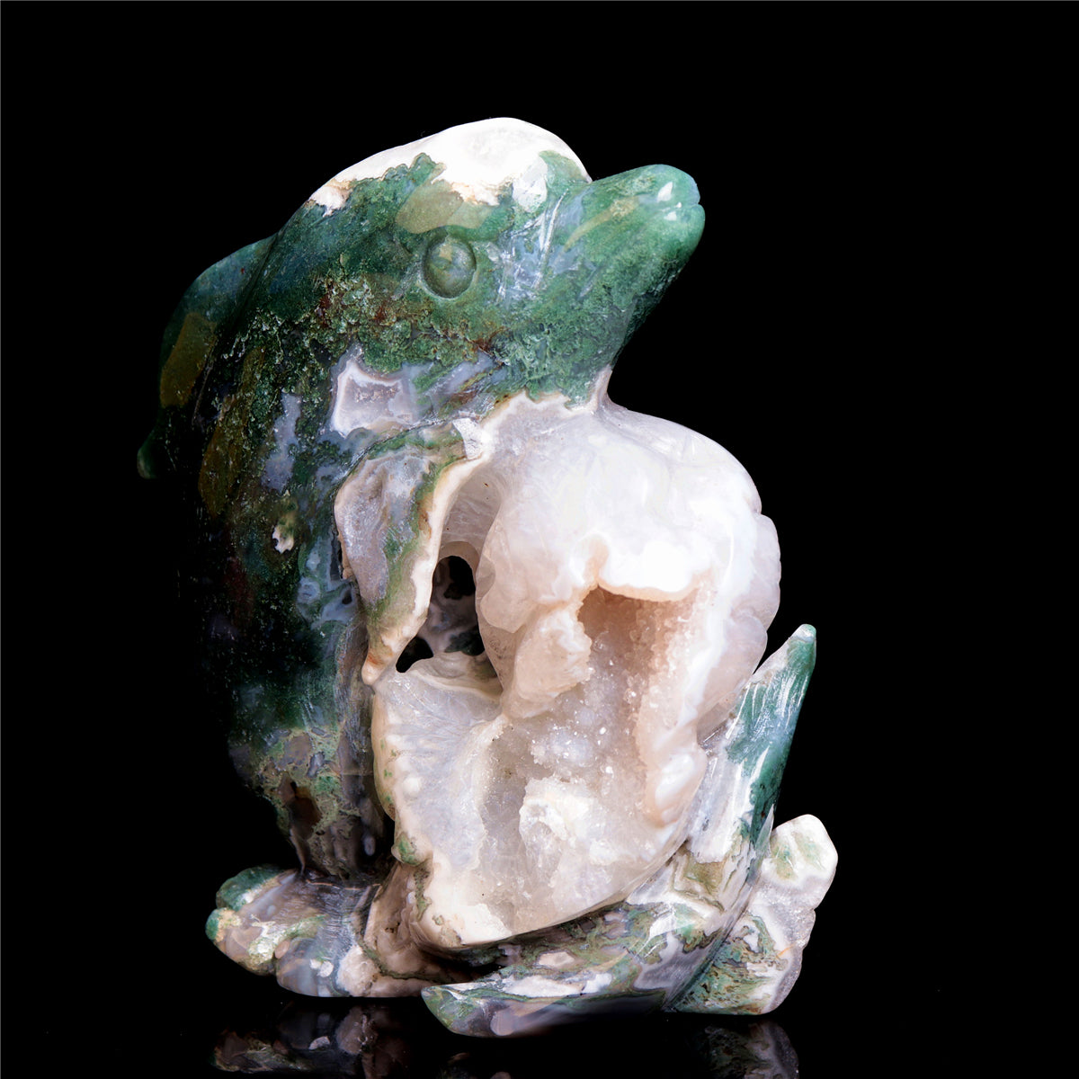6.5" Moss Agate Crystal Dolphin Figurine Druzy Animal Carvings Decor