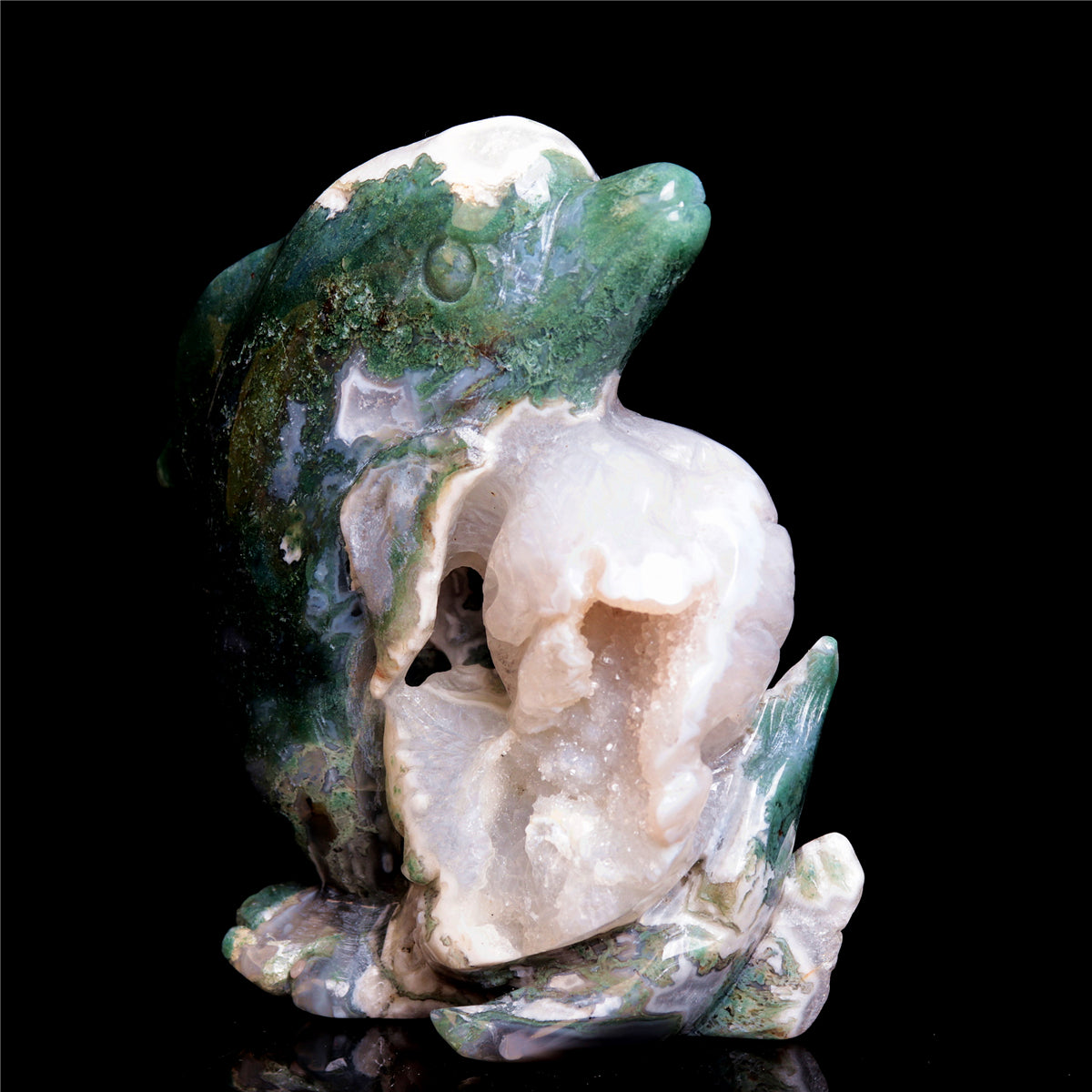 6.5" Moss Agate Crystal Dolphin Figurine Druzy Animal Carvings Decor