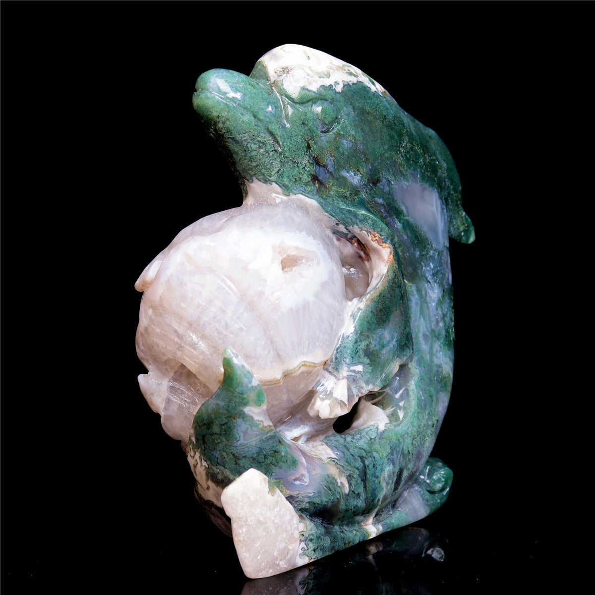 6.5" Moss Agate Crystal Dolphin Figurine Druzy Animal Carvings Decor
