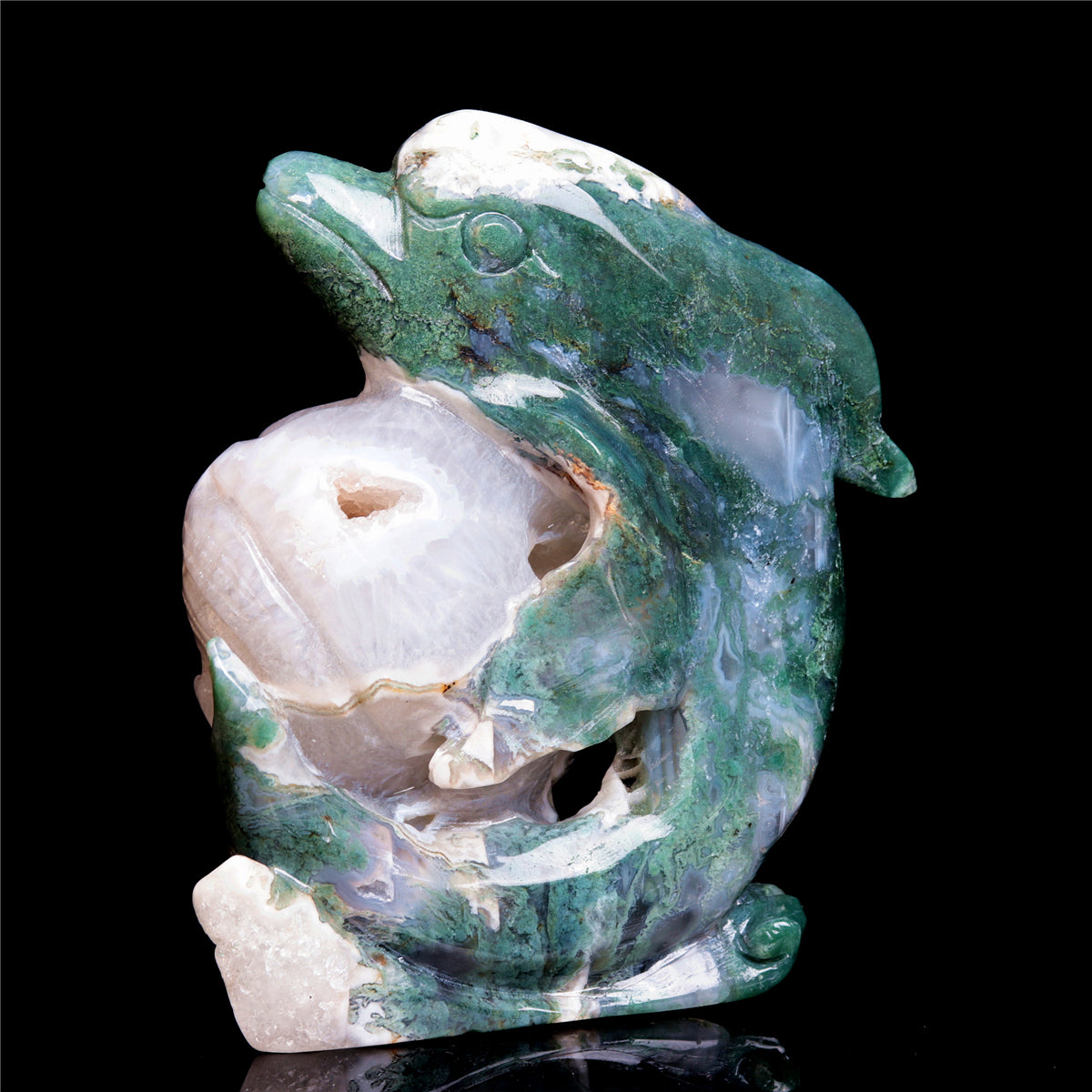 6.5" Moss Agate Crystal Dolphin Figurine Druzy Animal Carvings Decor
