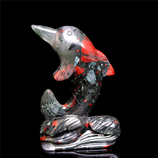 4.5" Blood Stone Crystal Dolphin Figurine Stone Animal Carvings Decor