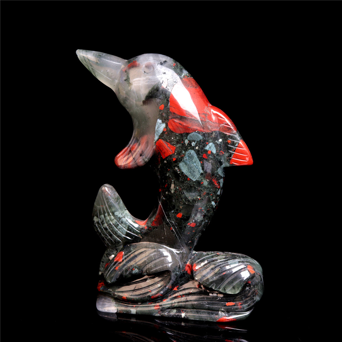 4.5" Blood Stone Crystal Dolphin Figurine Stone Animal Carvings Decor