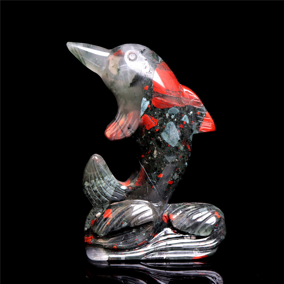 4.5" Blood Stone Crystal Dolphin Figurine Stone Animal Carvings Decor