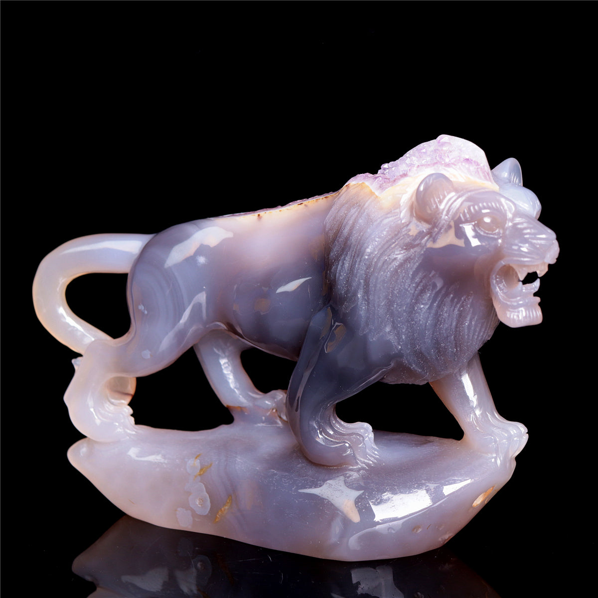 7.5" Amethyst Druzy Agate Crystal Lion Figurine Realistic Animal Carvings Decor