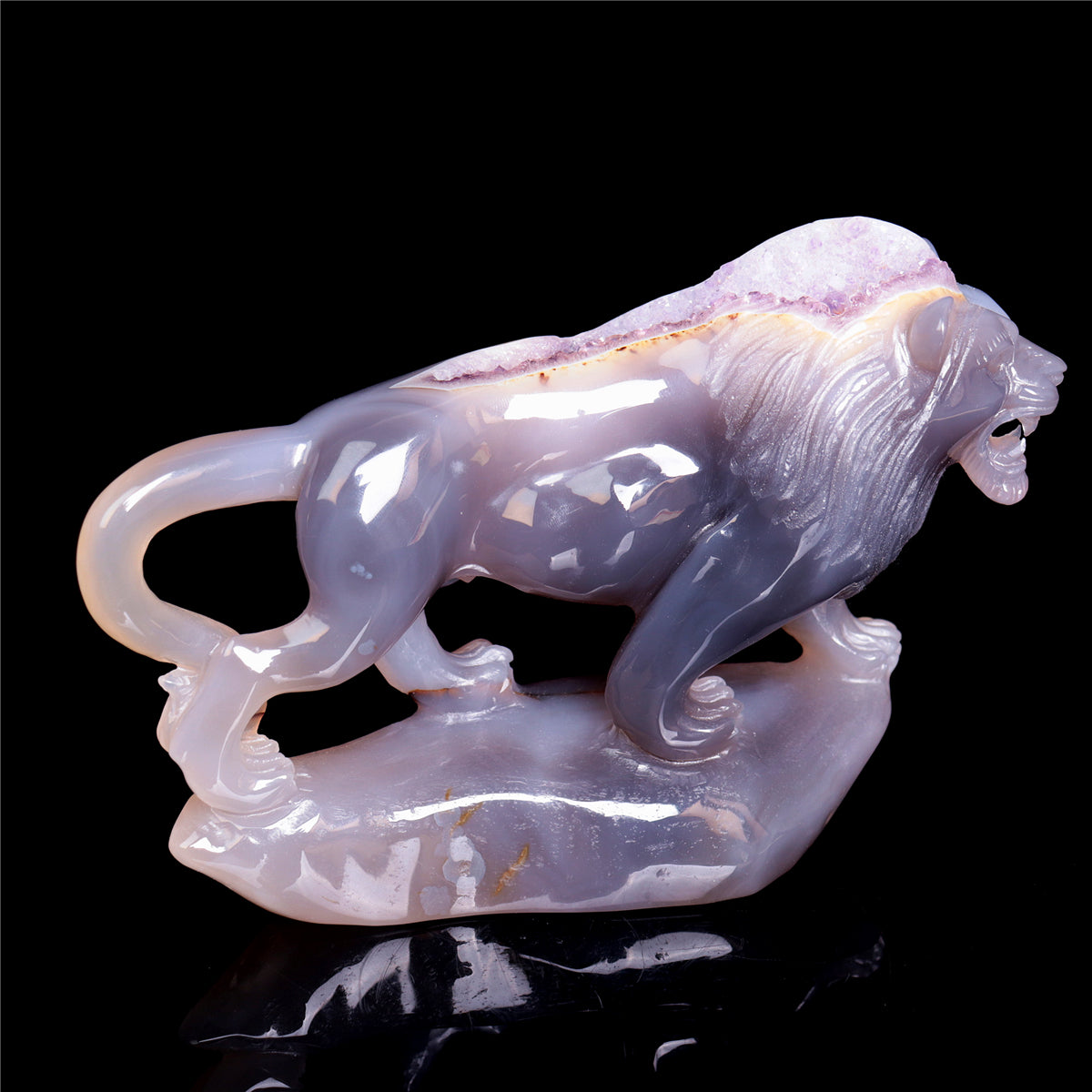 7.5" Amethyst Druzy Agate Crystal Lion Figurine Realistic Animal Carvings Decor