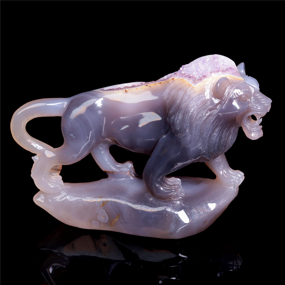 7.5" Amethyst Druzy Agate Crystal Lion Figurine Realistic Animal Carvings Decor