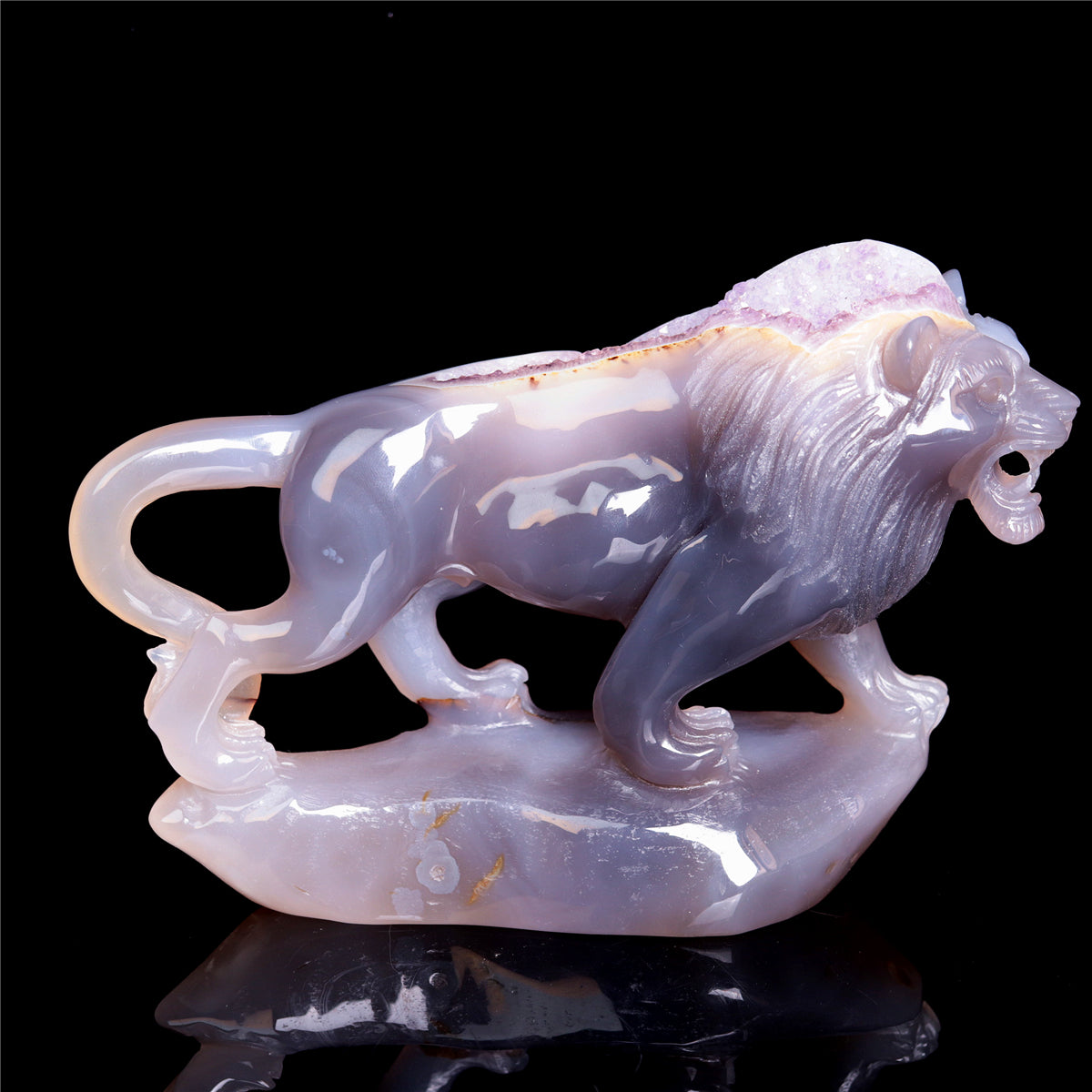 7.5" Amethyst Druzy Agate Crystal Lion Figurine Realistic Animal Carvings Decor