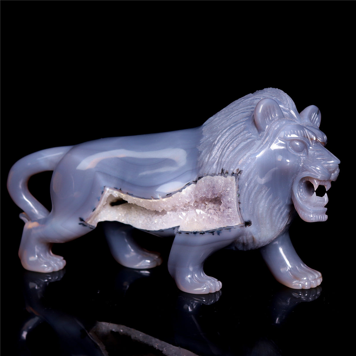 7" Druzy Agate Crystal Lion Figurine Realistic Animal Carvings Decor