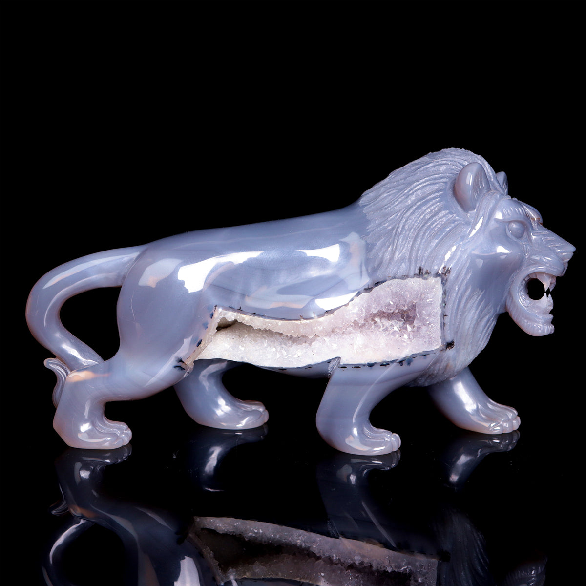 7" Druzy Agate Crystal Lion Figurine Realistic Animal Carvings Decor