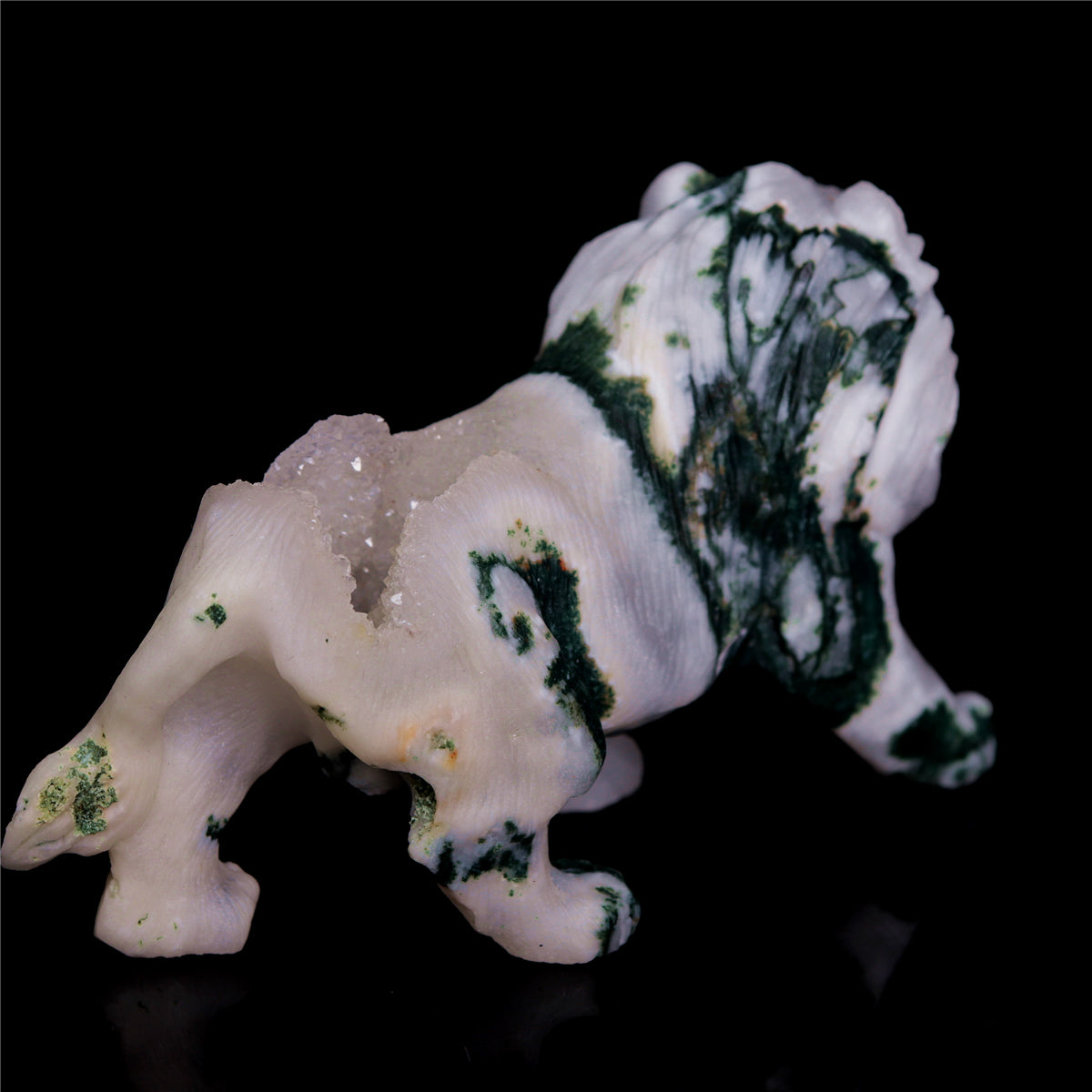 4.5" Druzy Moss Agate Crystal Lion Figurine Animal Carvings Decor