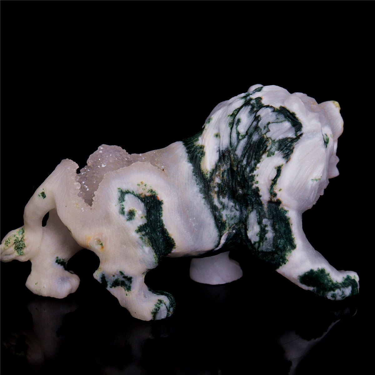 4.5" Druzy Moss Agate Crystal Lion Figurine Animal Carvings Decor