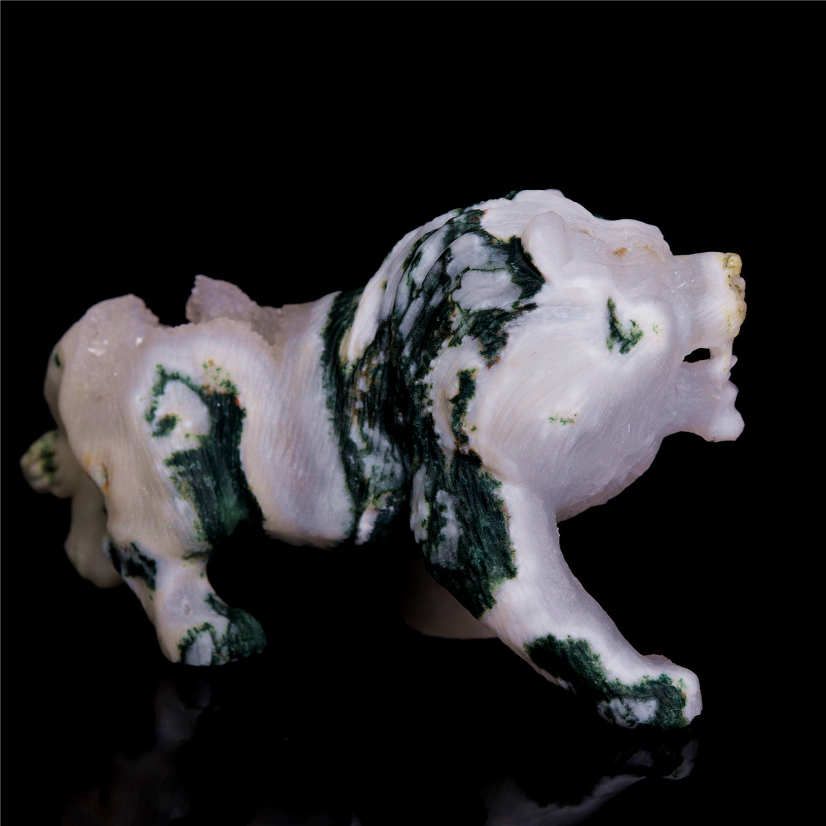 4.5" Druzy Moss Agate Crystal Lion Figurine Animal Carvings Decor