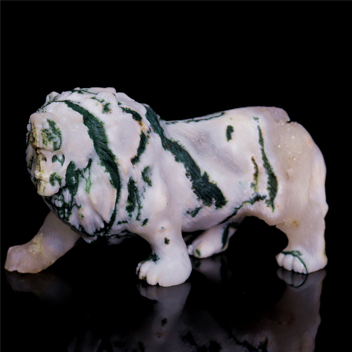 5" Druzy Moss Agate Crystal Lion Figurine Realistic Animal Carvings Decor