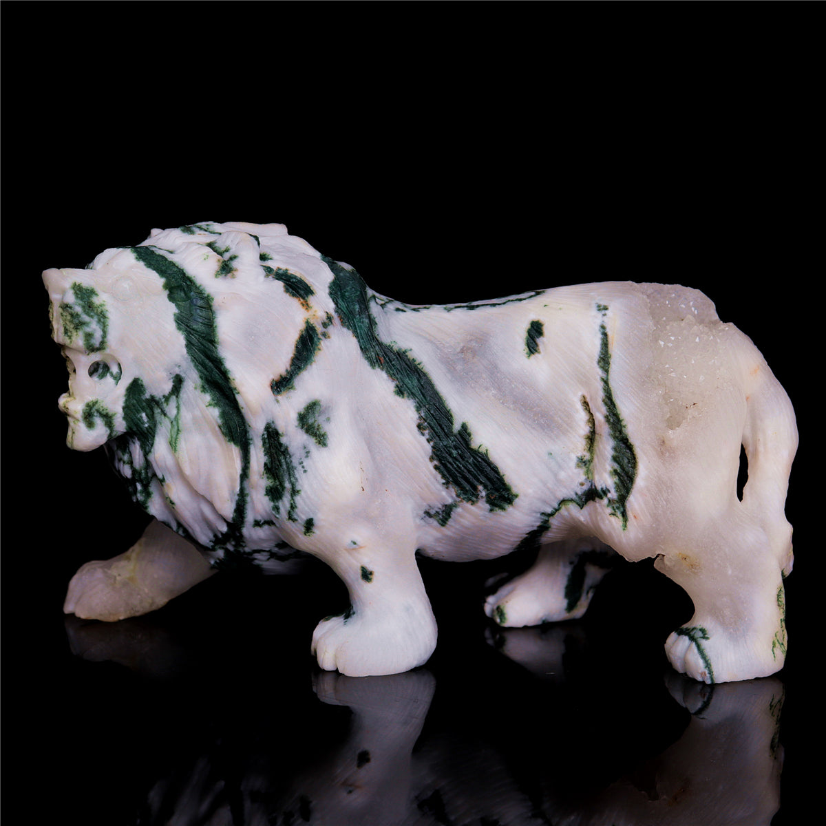 5" Druzy Moss Agate Crystal Lion Figurine Realistic Animal Carvings Decor