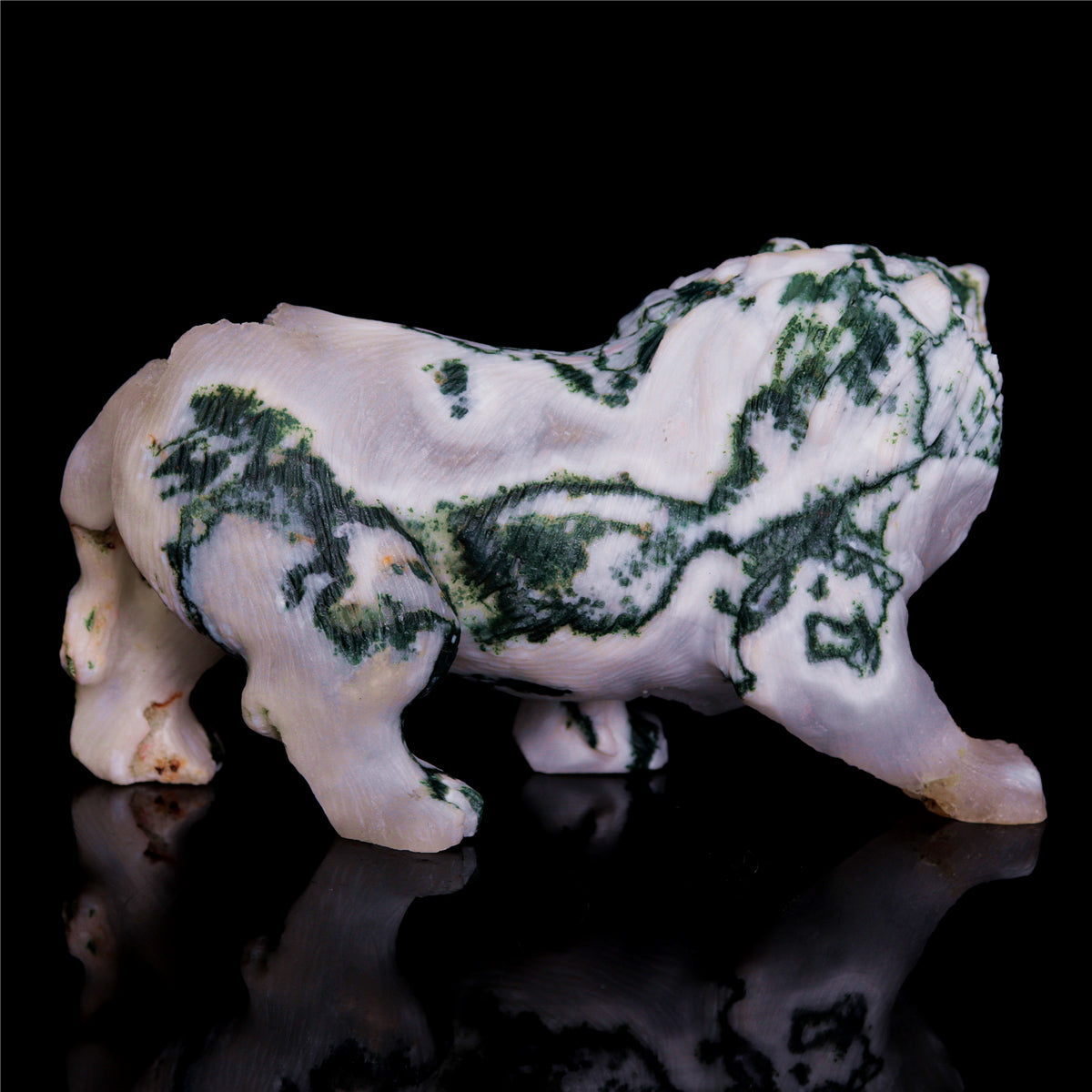 5" Druzy Moss Agate Crystal Lion Figurine Realistic Animal Carvings Decor