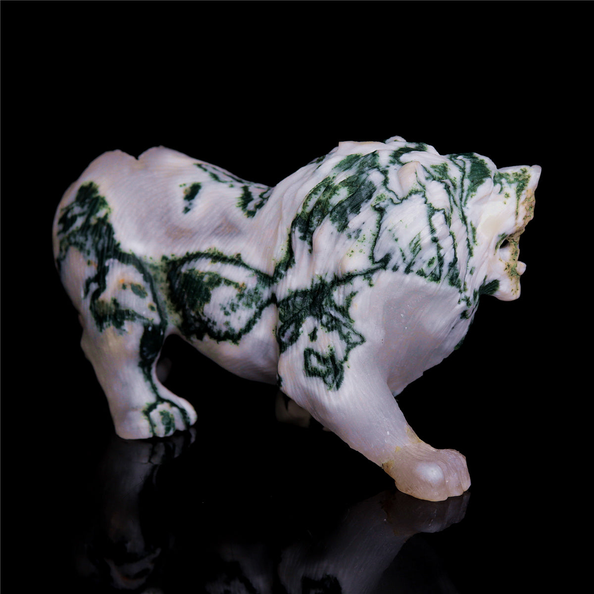 5" Druzy Moss Agate Crystal Lion Figurine Realistic Animal Carvings Decor