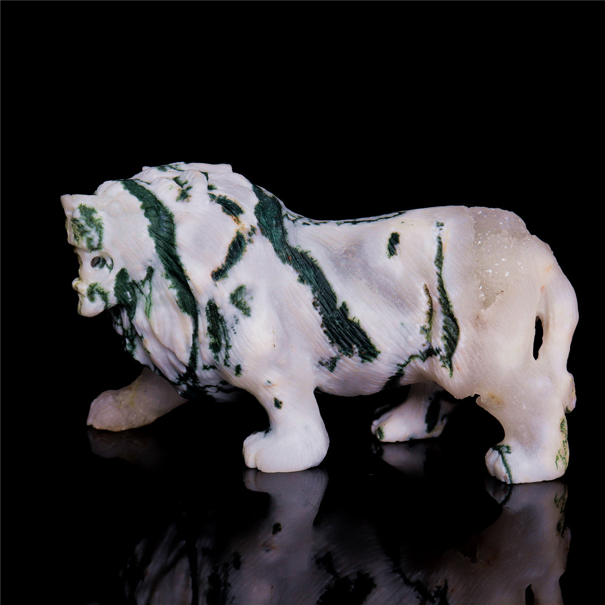 5" Druzy Moss Agate Crystal Lion Figurine Realistic Animal Carvings Decor